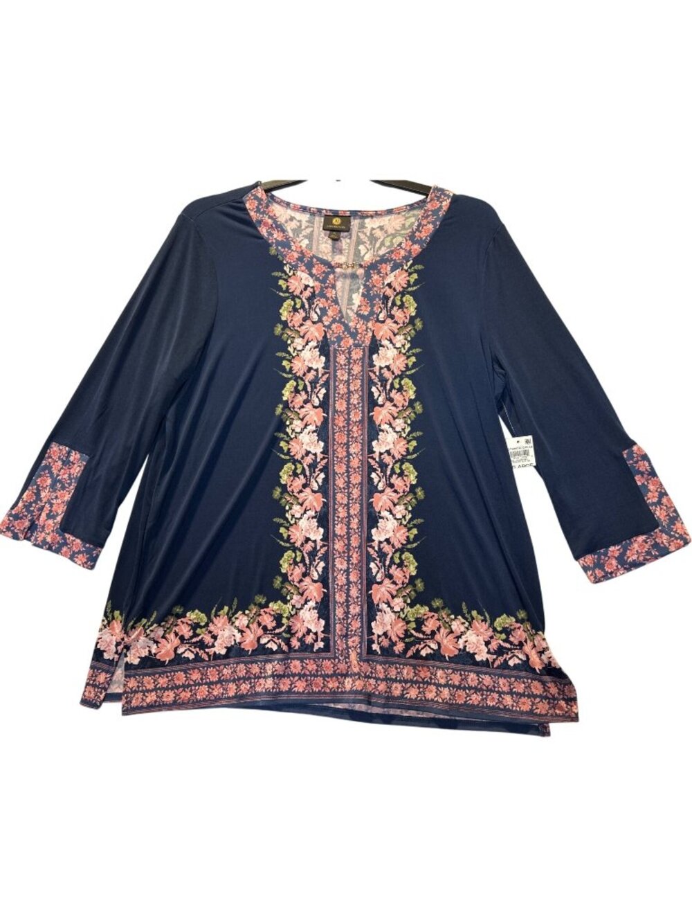 JM Collection Womens XL Navy Floral Tunic Top With 3/4 Sleeves & Gold Accent